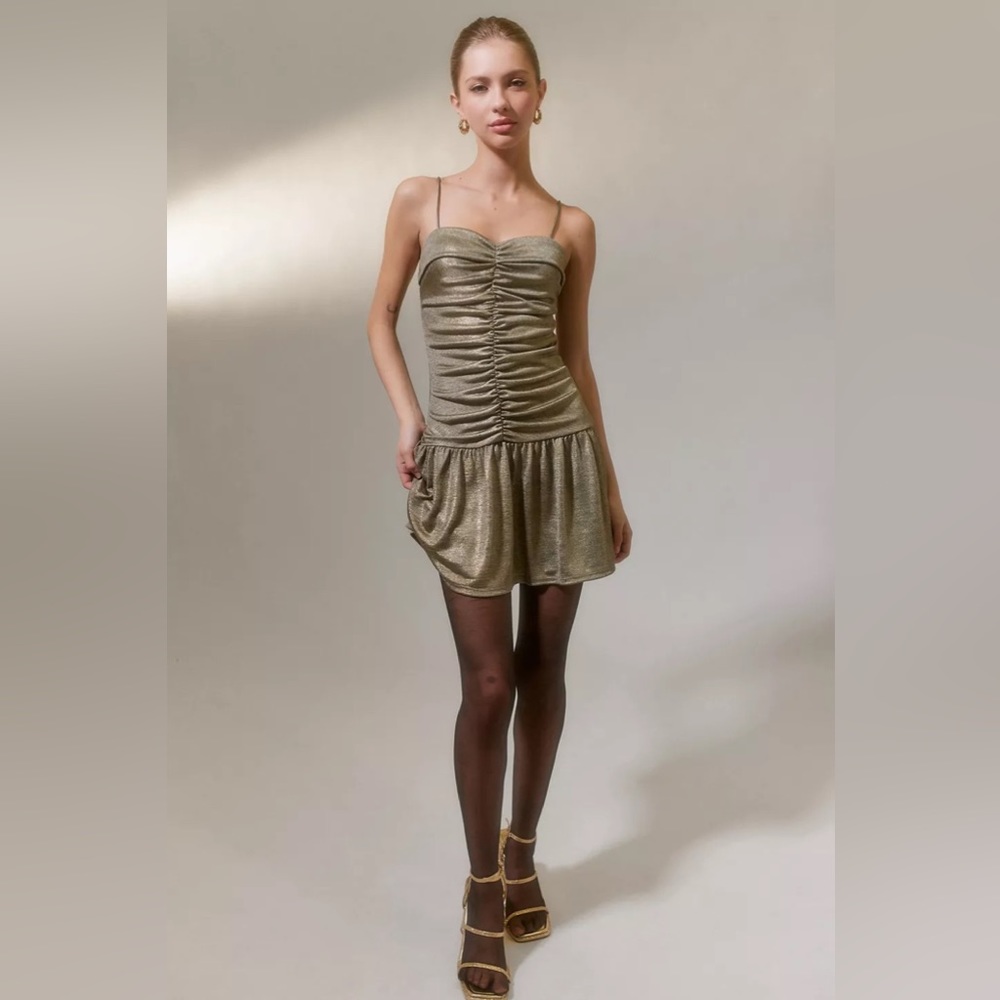 Urban Outfitters Retro Inspired 80’s Gold metallic drop waited mini dress sz S